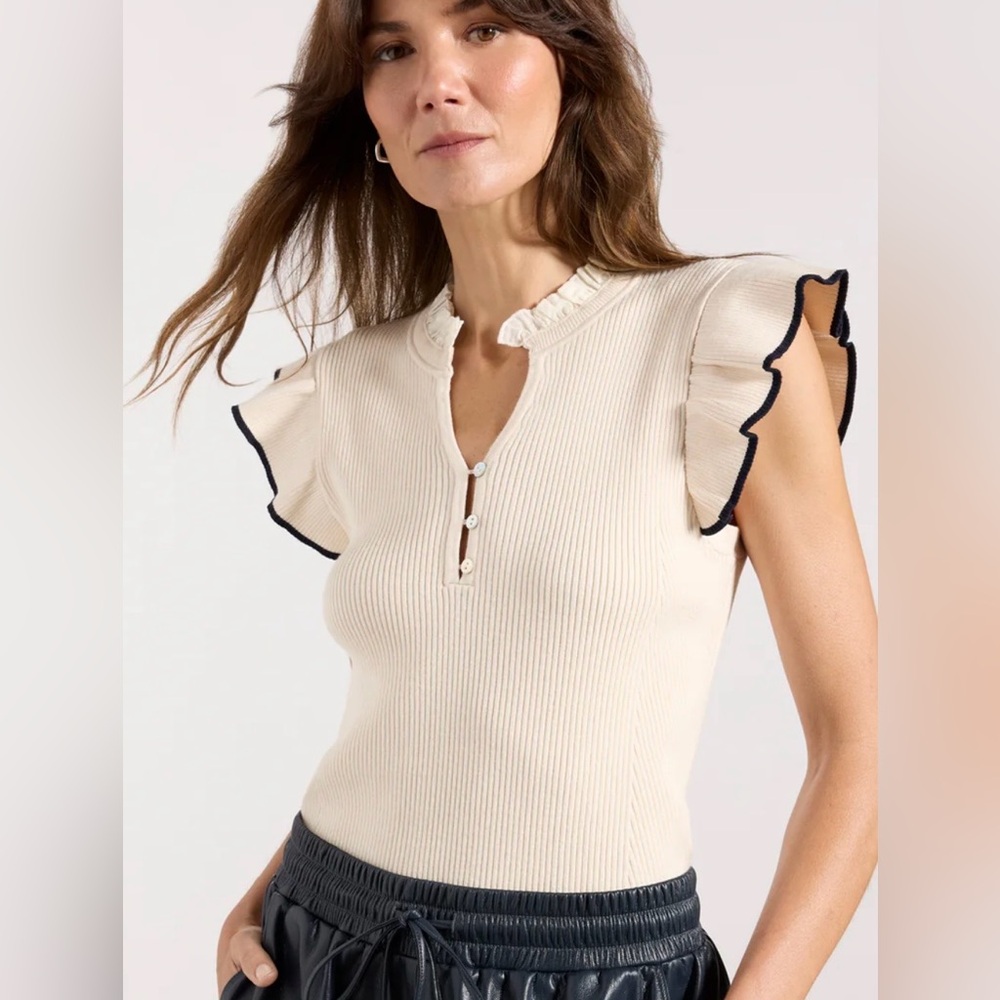 MELISSA NEPTON Cream Ribbed Flutter Sleeve Top with Black Trim